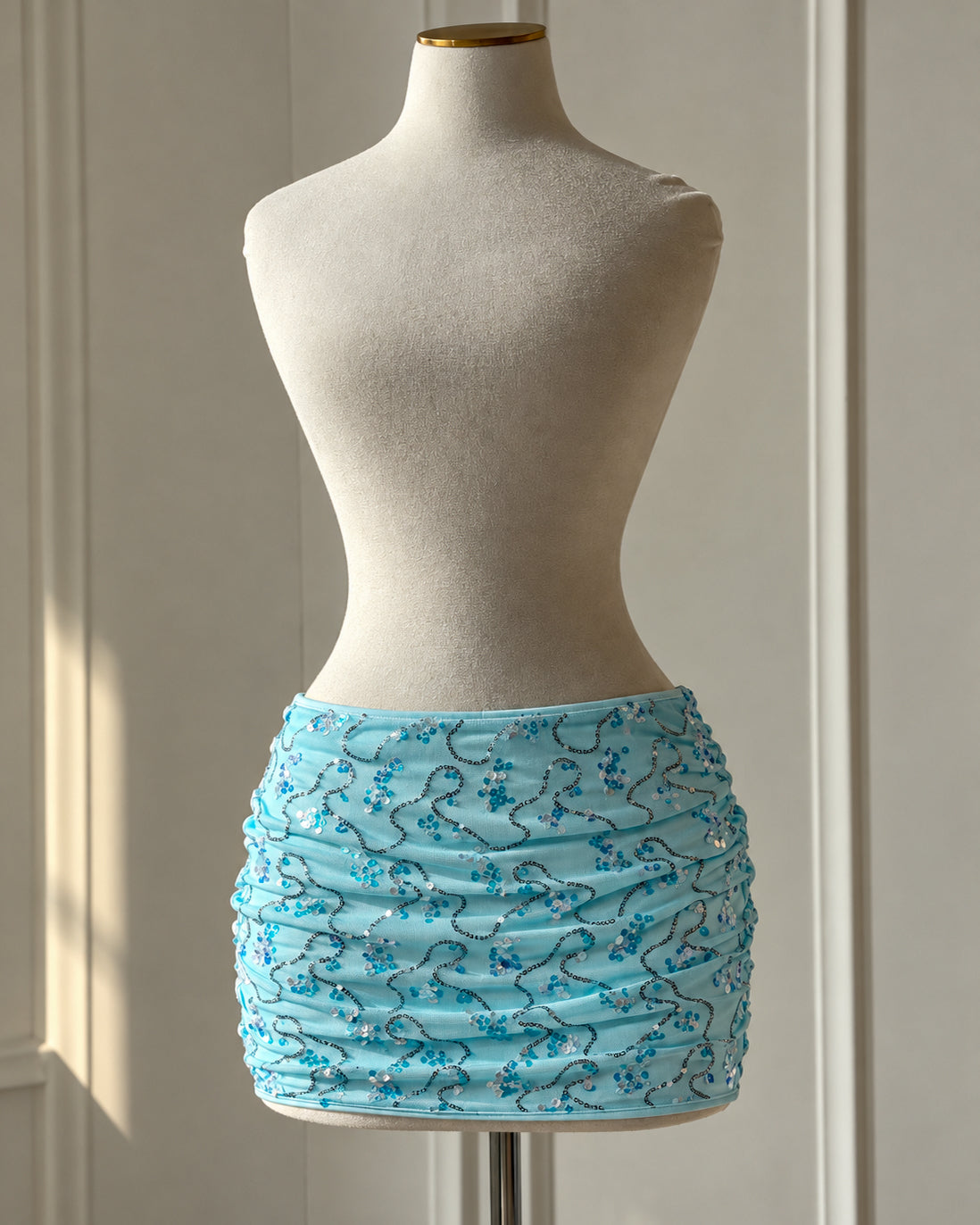 SIREN SEASON SEQUIN EMBELLISHED BLUE RUCHED SKIRT