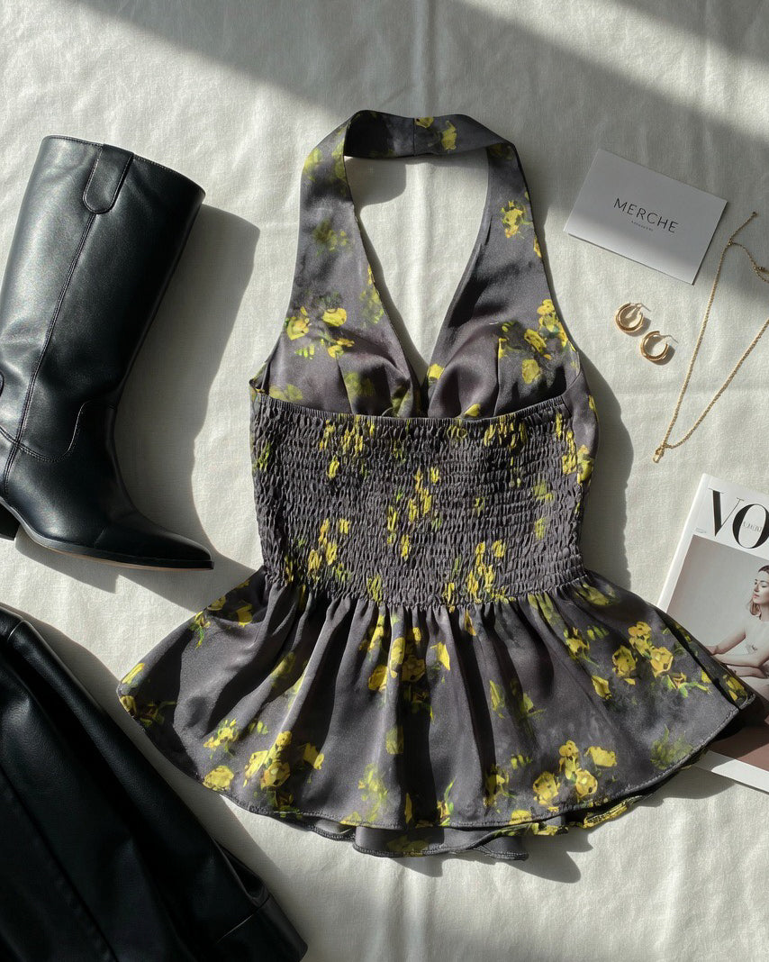 FIX MY HEART ROSES GREY HALTERNECK TOP