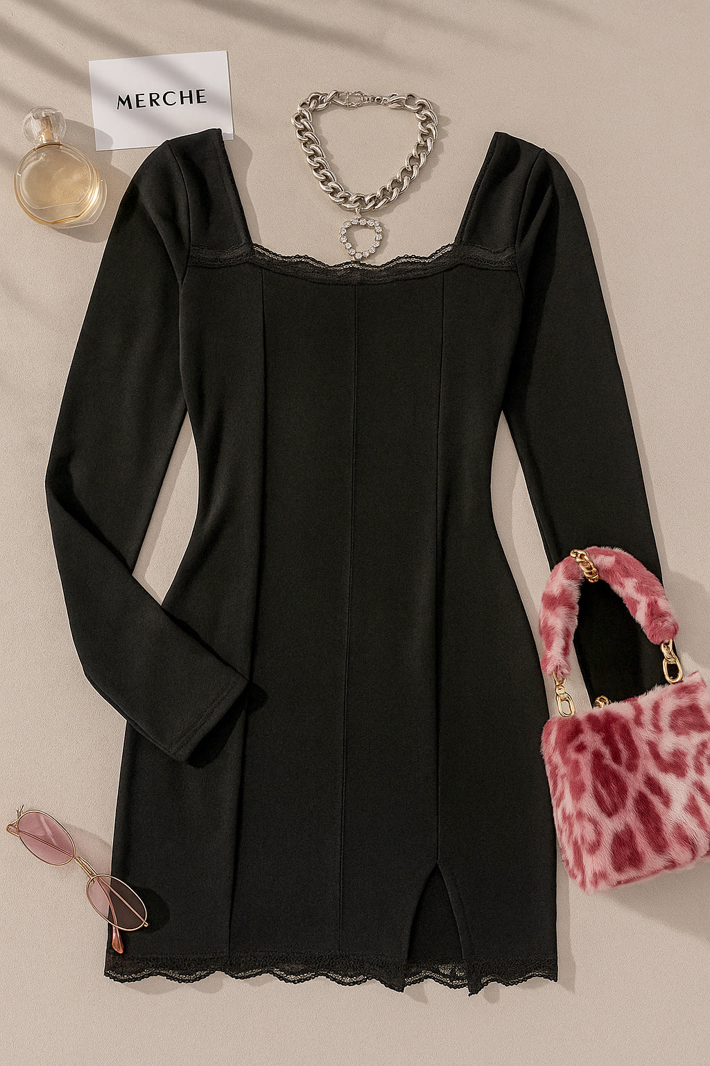 LITTLE MADNESS BLACK LACE RIBBED DRESS