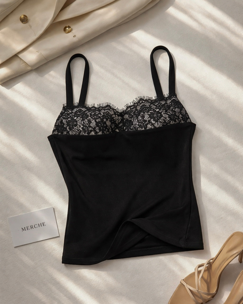 HEY LOOKER PADDED LACE TRIM BLACK LUXE CAMI TOP