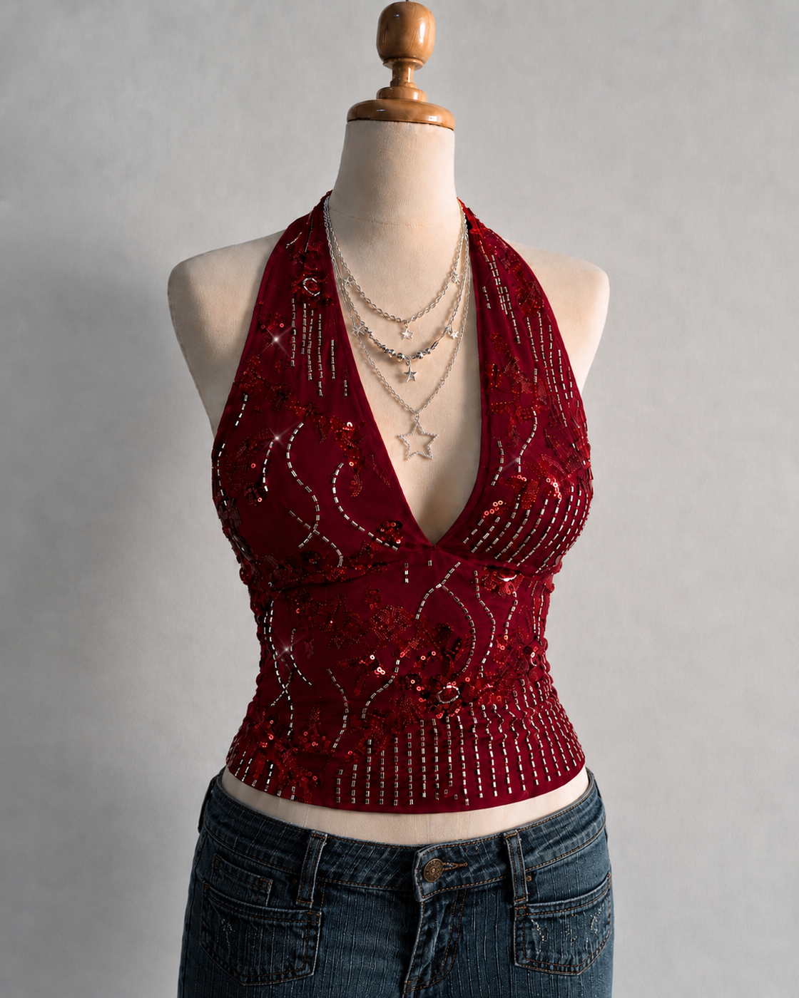 FUEL MY SASS EMBROIDERED DEEP RED HALTERNECK TOP