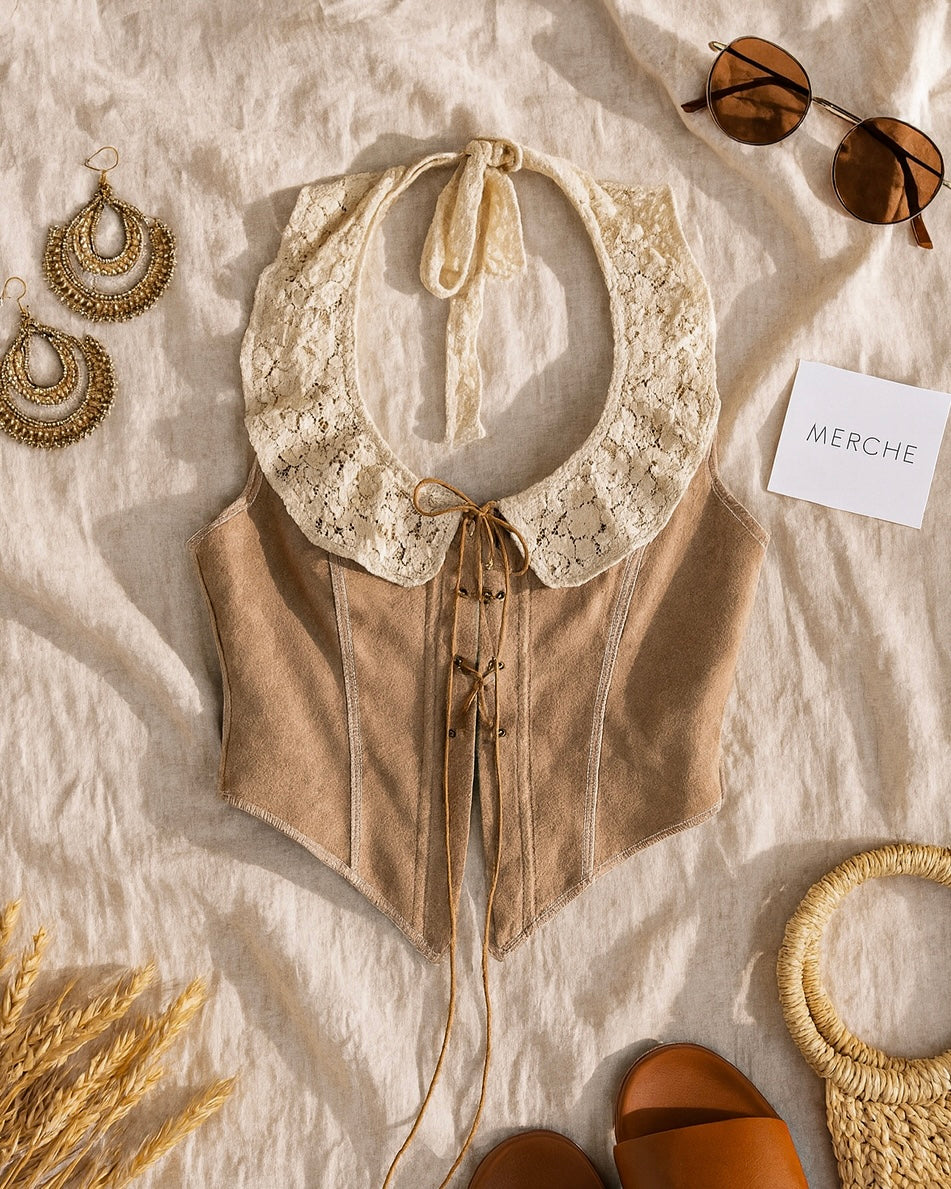 TANTRUM GYPSIE LACE SUEDE HALTERNECK TOP