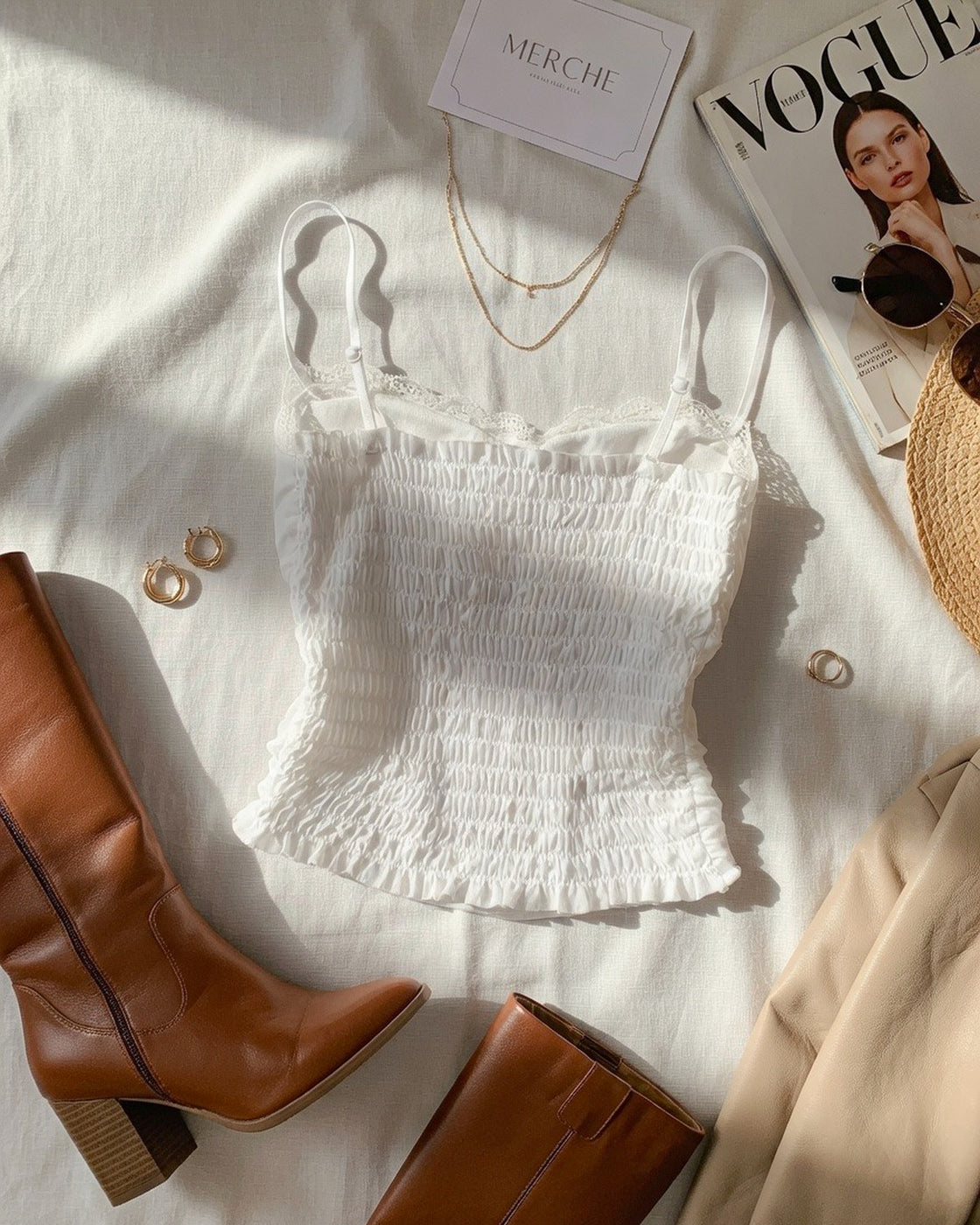 MOVIE NIGHT PADDED MESH DETAIL WHITE CAMI TOP