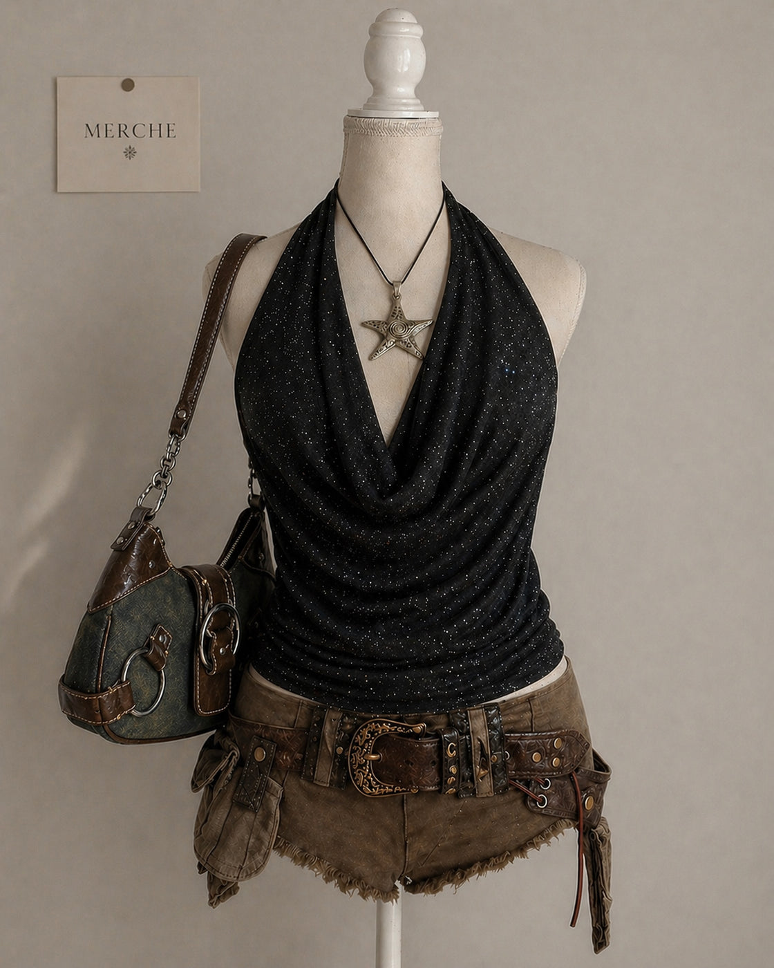 FAKE IT TILL SHIMMER COWL HALTERNECK BLACK TOP