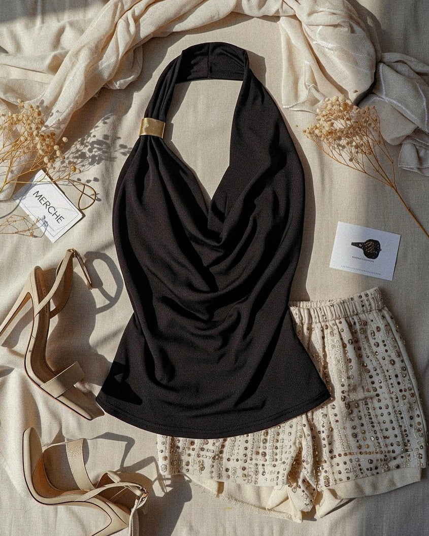 FOR THE GRAM COWL METAL DETAIL BLACK HALTERNECK TOP
