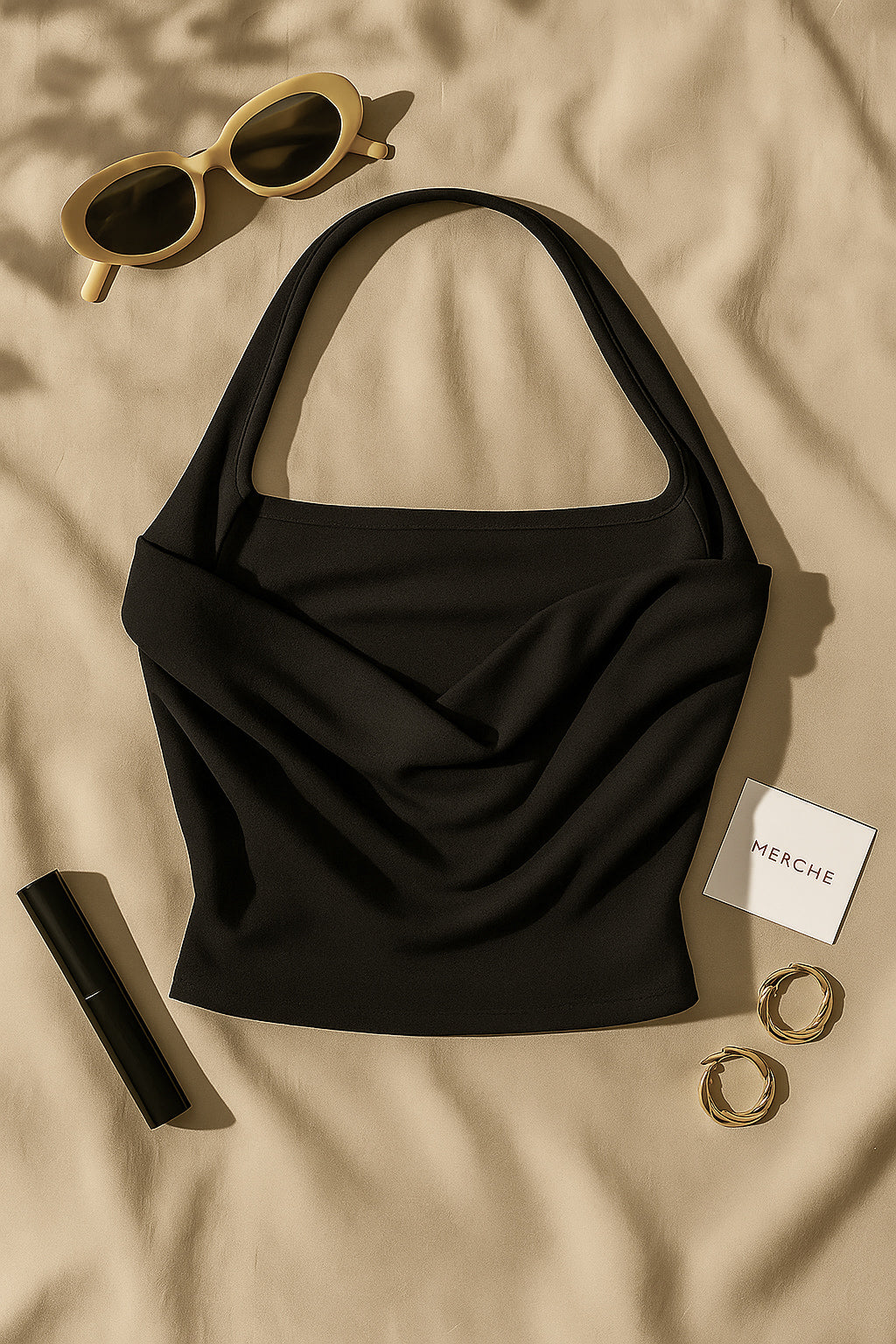 OCEAN VIEW BLACK COWL HALTERNECK TOP