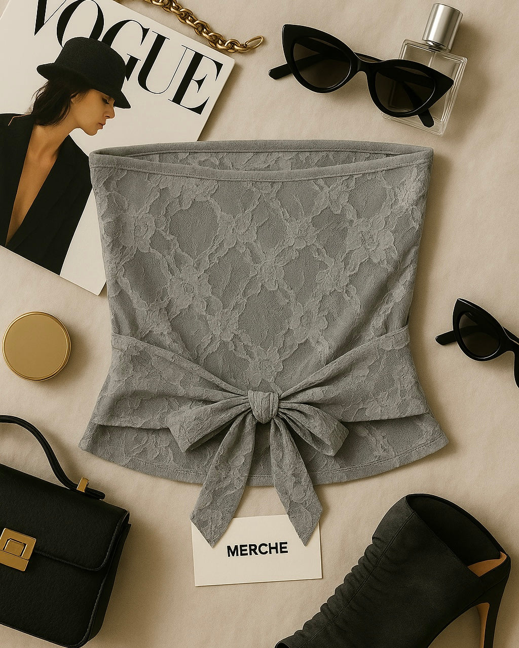 SINGLE AND FABULOUS RHINESTONE LACEY-BACK GREY BANDEAU TOP