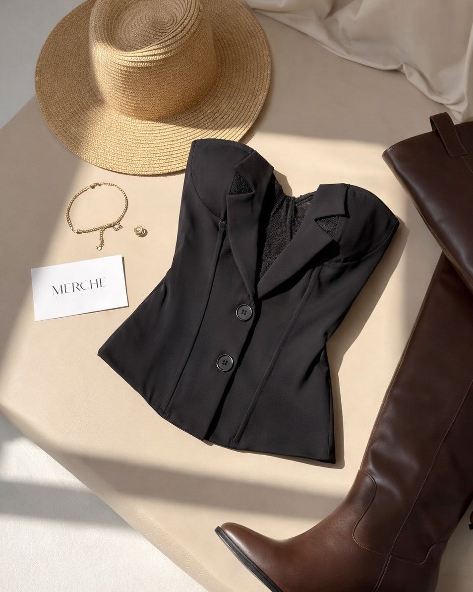 CALL THE SHOTS BLAZER INSPIRED LAPEL BLACK CORSET