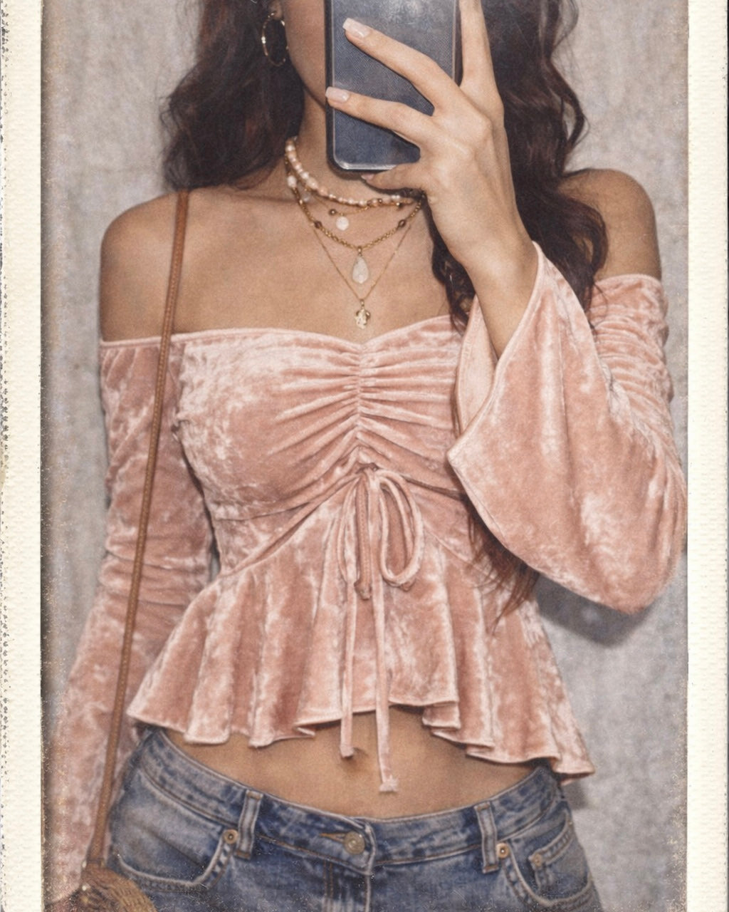 BRAT WITH TASTE VELOUR OFF-SHOULDER TOP