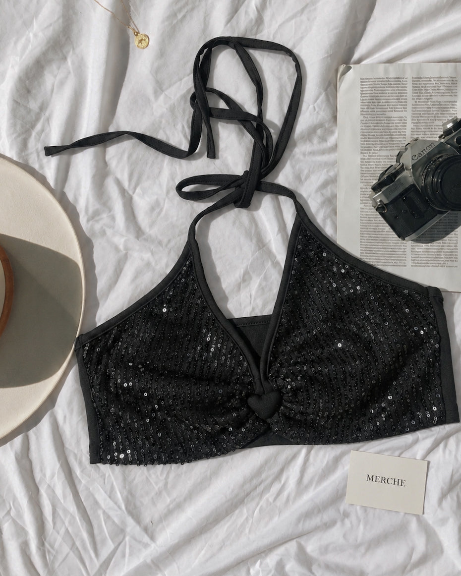 FLASHLIGHTS SEQUIN HALTERNECK BIKINI BLACK TOP