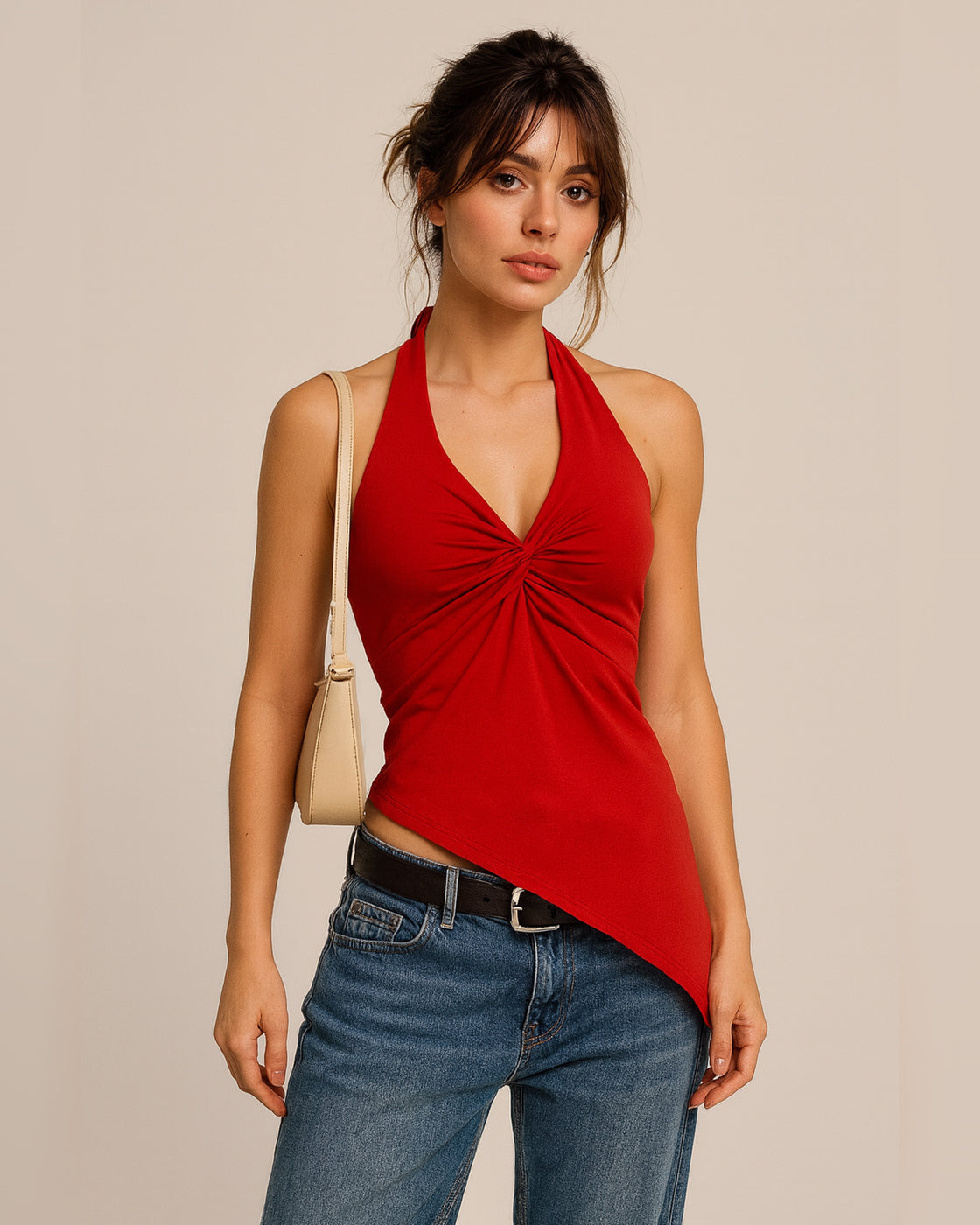 WHY STRESS TWISTED ASYMMETRICAL RED HALTERNECK TOP