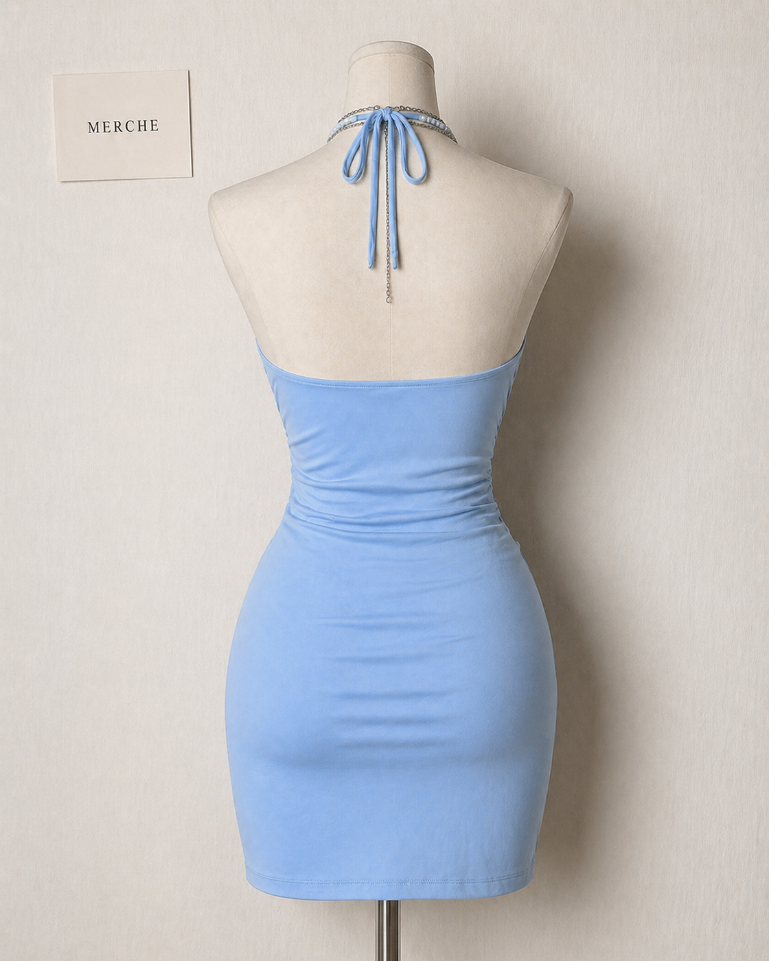 PLOT TWIST DRAWSTRING ICE BLUE HALTERNECK DRESS