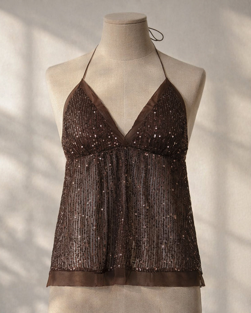 SERVING HOT BROWN SEQUIN EMBELLISHED HALTERNECK TOP