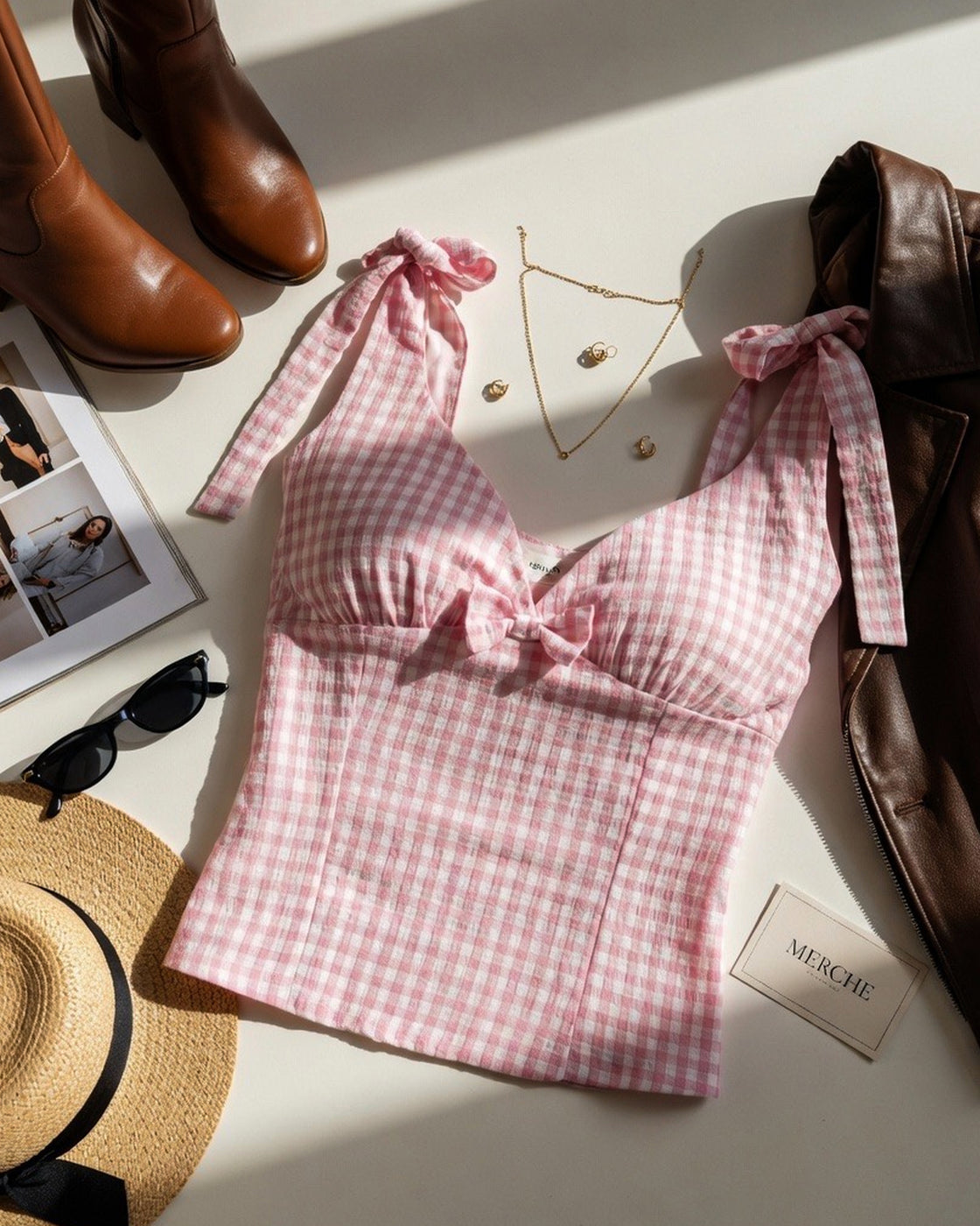 PRETTY WITH PLANS CHECKS CUT-OUT BACK BOW TOP