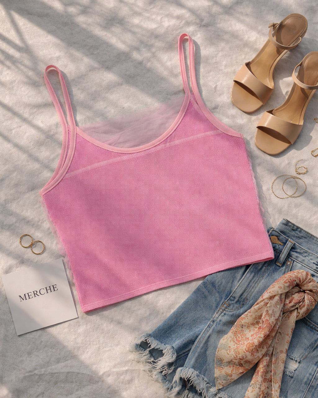 WINGS OF MINE MESH DRAPE PINK CAMI TOP