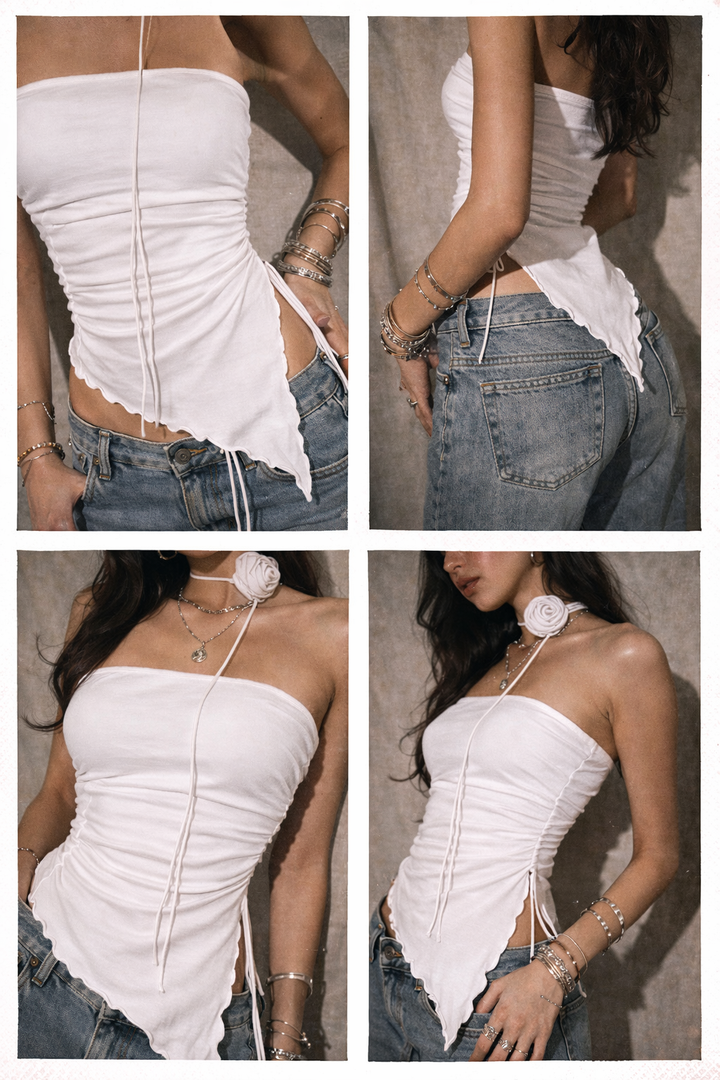 SERVING REVENGE PADDED ASYMMETRICAL WHITE BANDEAU TOP WITH ROSE CHOKER
