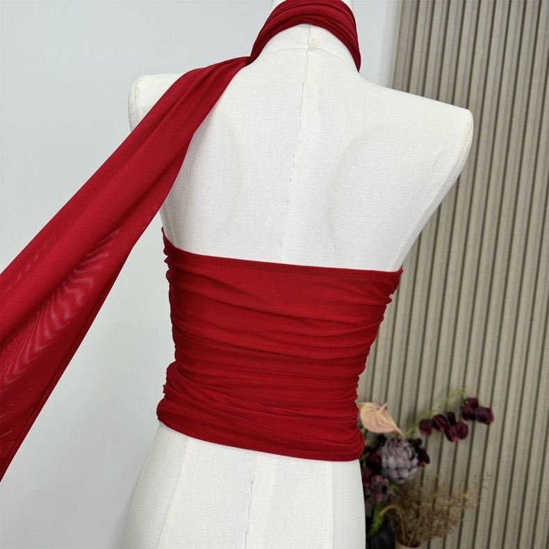 STARRY NIGHT LUXE MESH BONING ATTACHED SCARF RED BUSTIER TOP