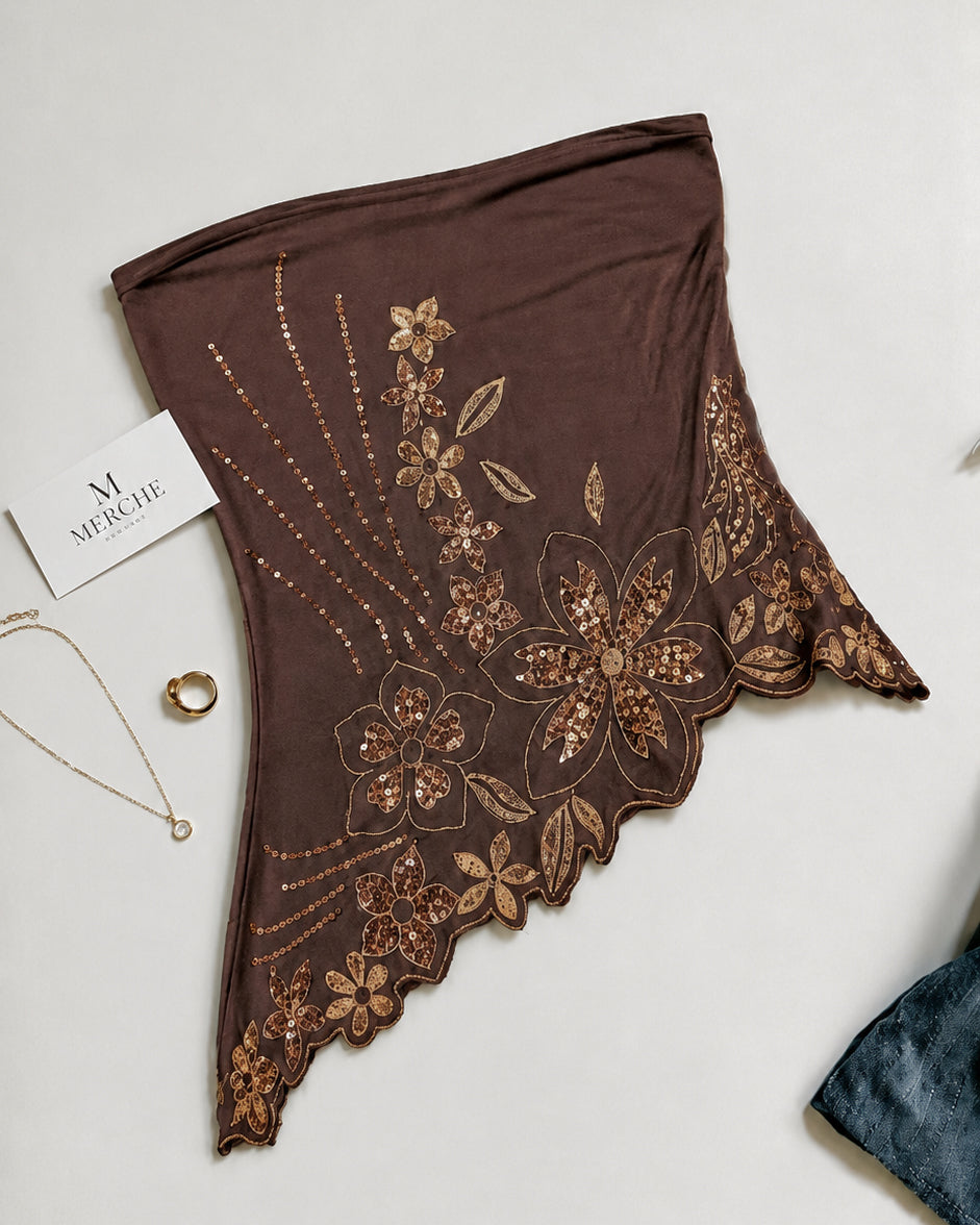 SECRETS OUT ASYMMETRICAL EMBROIDERED BANDEAU TOP