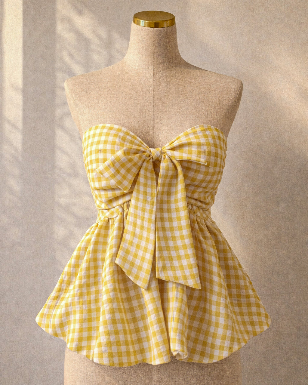 CHECKMATE BABE PADDED BOW YELLOW GINGHAM TOP