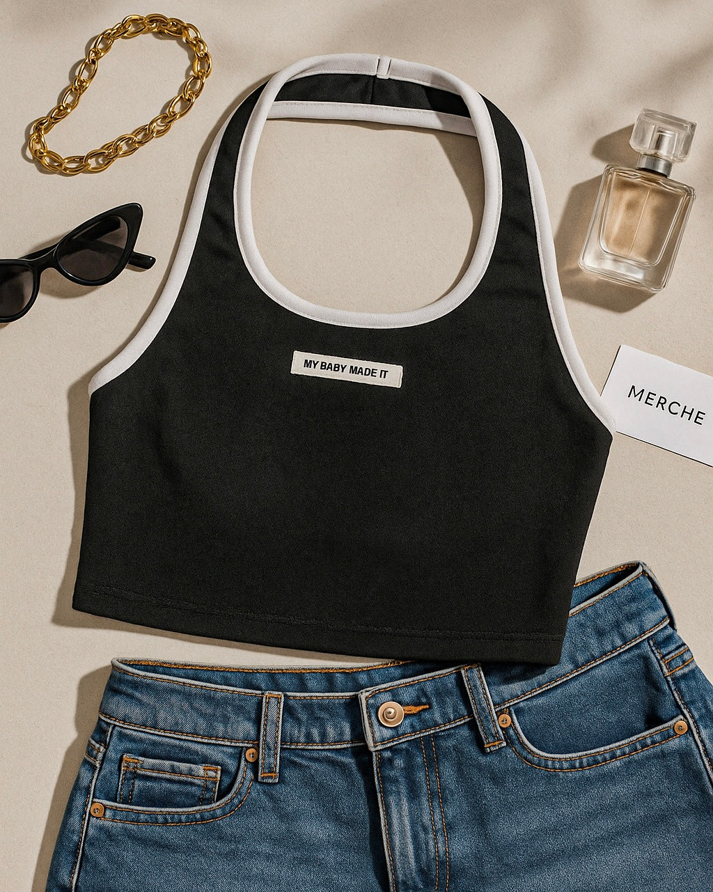 MY BABY MADE IT SLOGAN HALTERNECK TOP