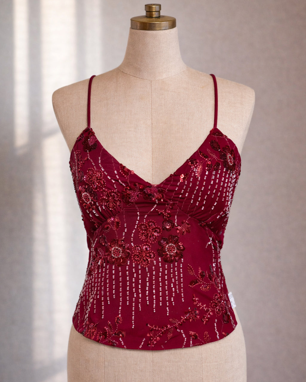 SHOTS ON ME EMBROIDERED DEEP RED CROSSBACK TOP