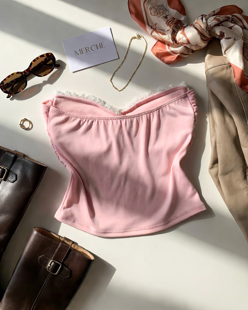 LIKE A STAR PADDED MESH DETAIL PINK BANDEAU TOP