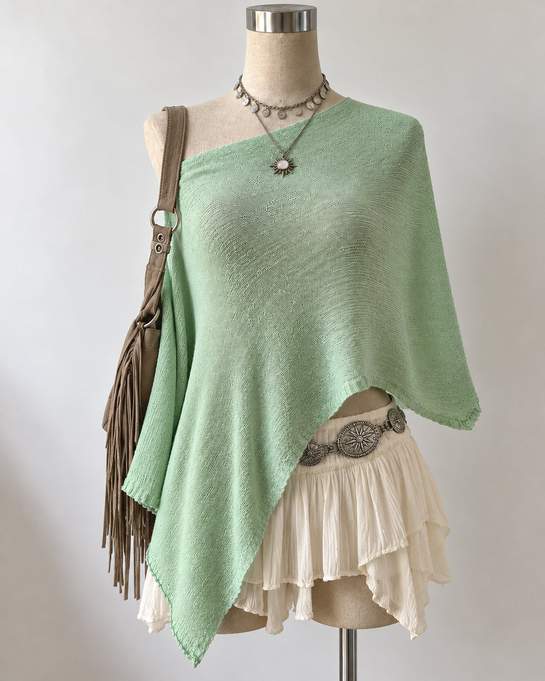 HIPPIE HOTTIE KNITTED LUXE PASTEL SAGE GREEN DRAPED PONCHO