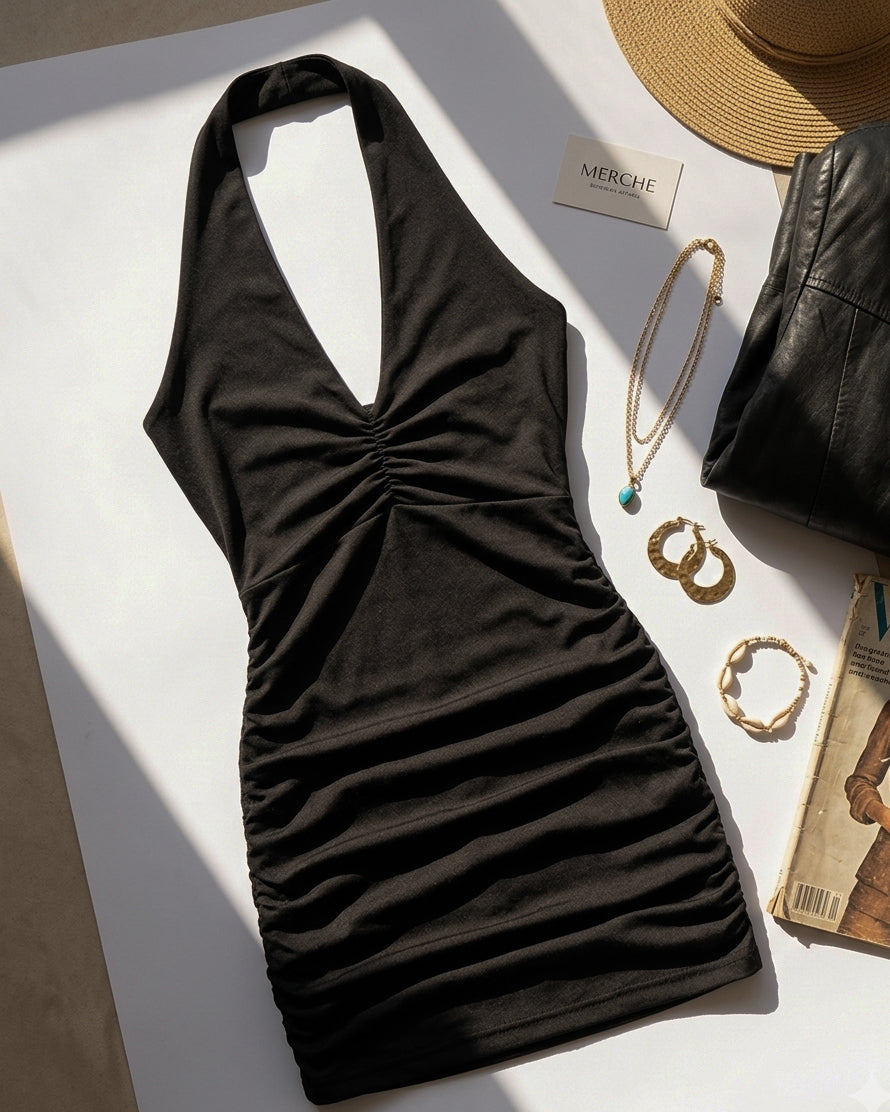 ACTUALLY ROMANTIC RUCHED BLACK HALTERNECK DRESS