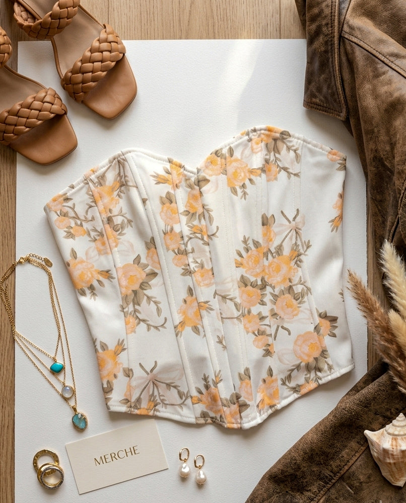 COFFEE OR COCKTAILS BONING DETAIL FLORAL CORSET