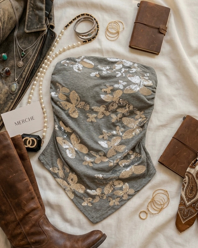 BUTTERFLIES AND EGO PADDED SEQUIN GREY BANDEAU TOP