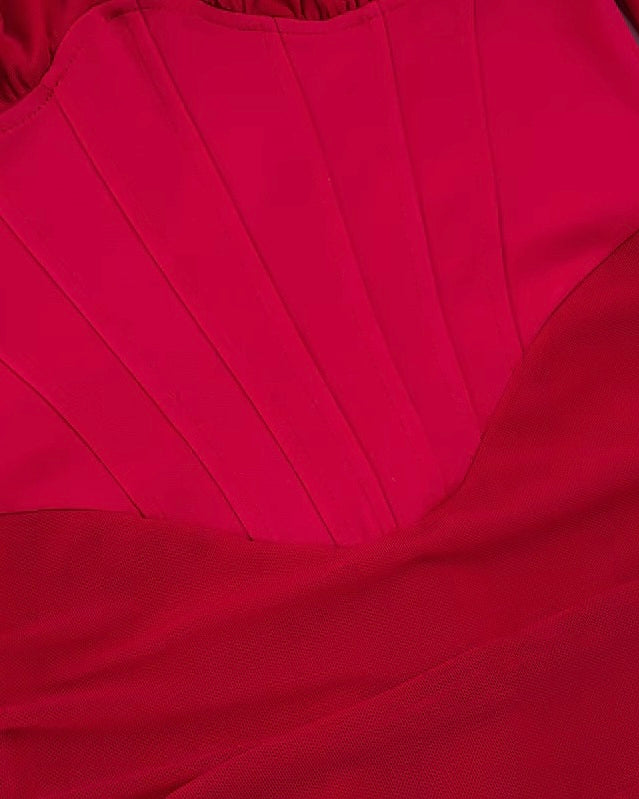 MOVIE STAR MESH DETAIL CORSETED RED HALTERNECK DRESS