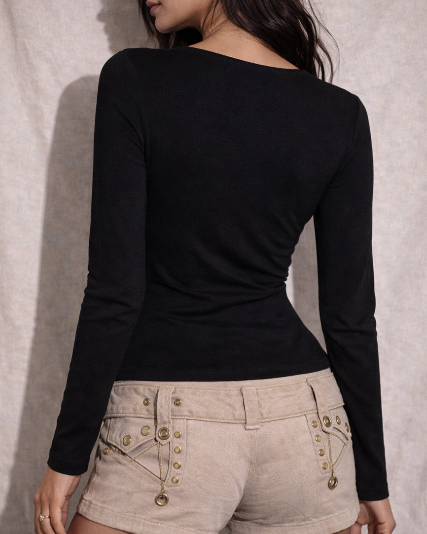 FROM A ROMCOM RHINESTONE EMBELLISHED BLACK LUXE TOP