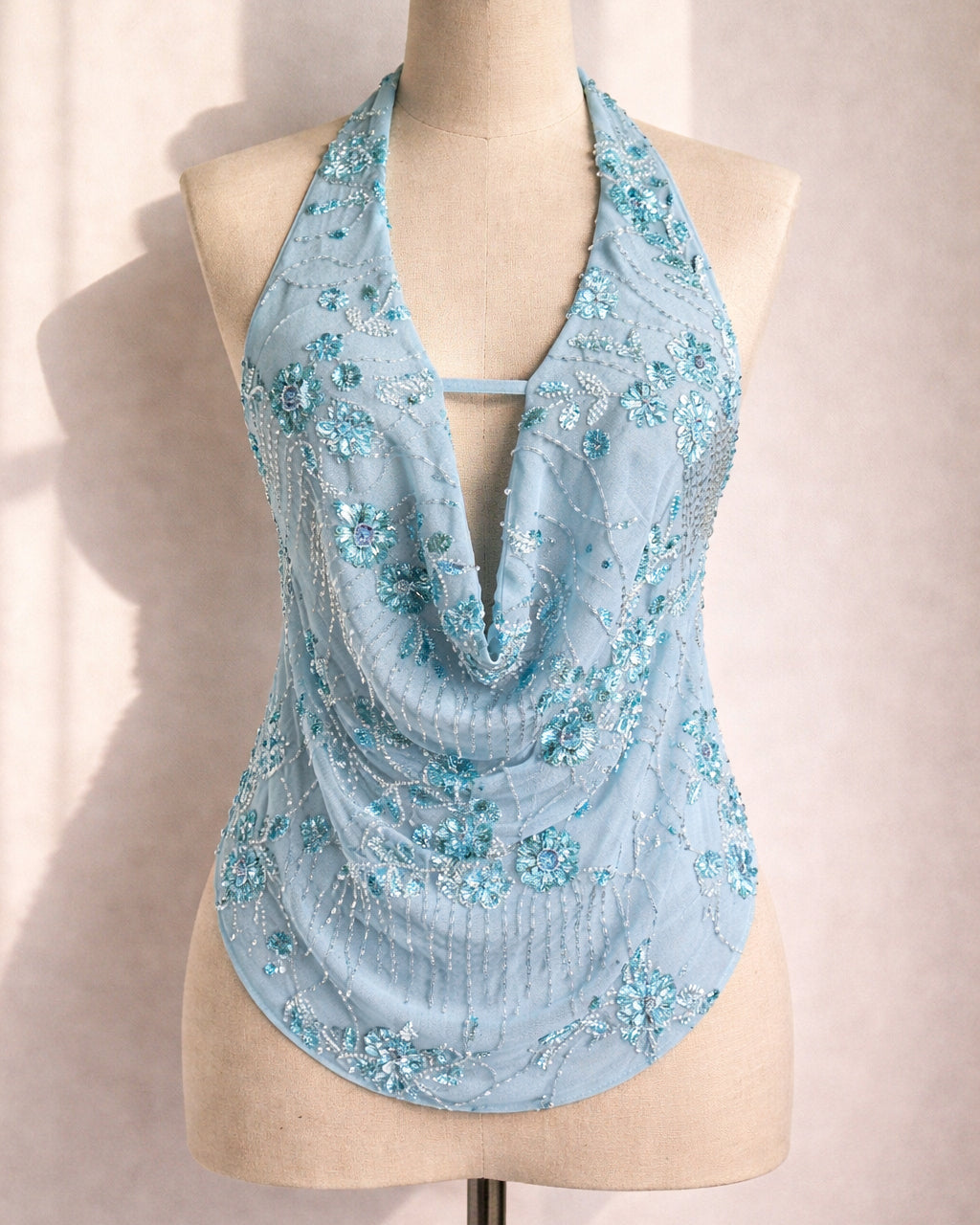 COSMIC DANCE EMBROIDERED COWL BLUE HALTERNECK TOP