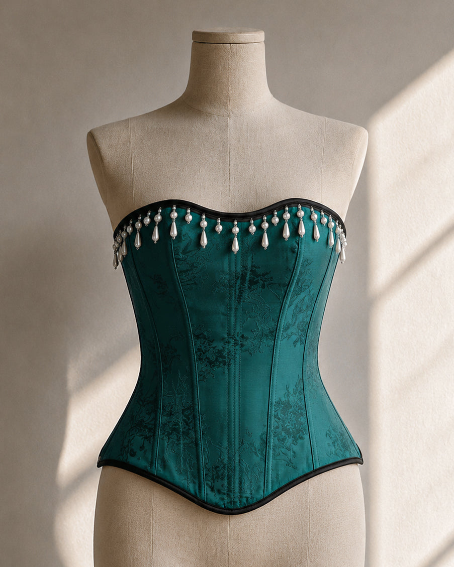 CALL HER ROYALTY PEARL DETAIL LUXE EMERALD CORSET