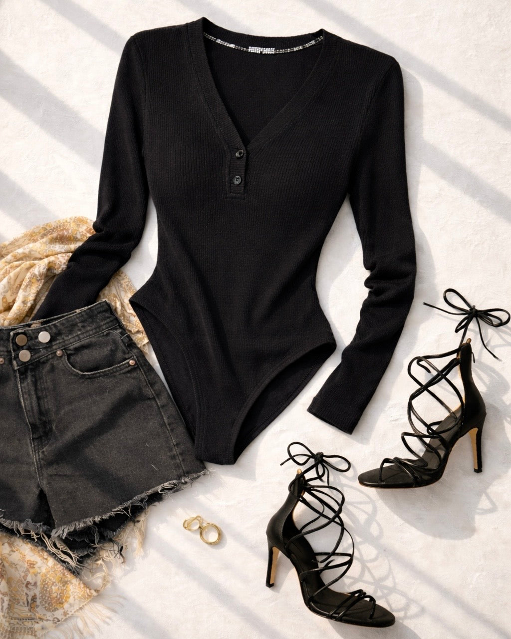 PHOTOGRAPH ME RIBBED THUMBHOLE BLACK BODYSUIT