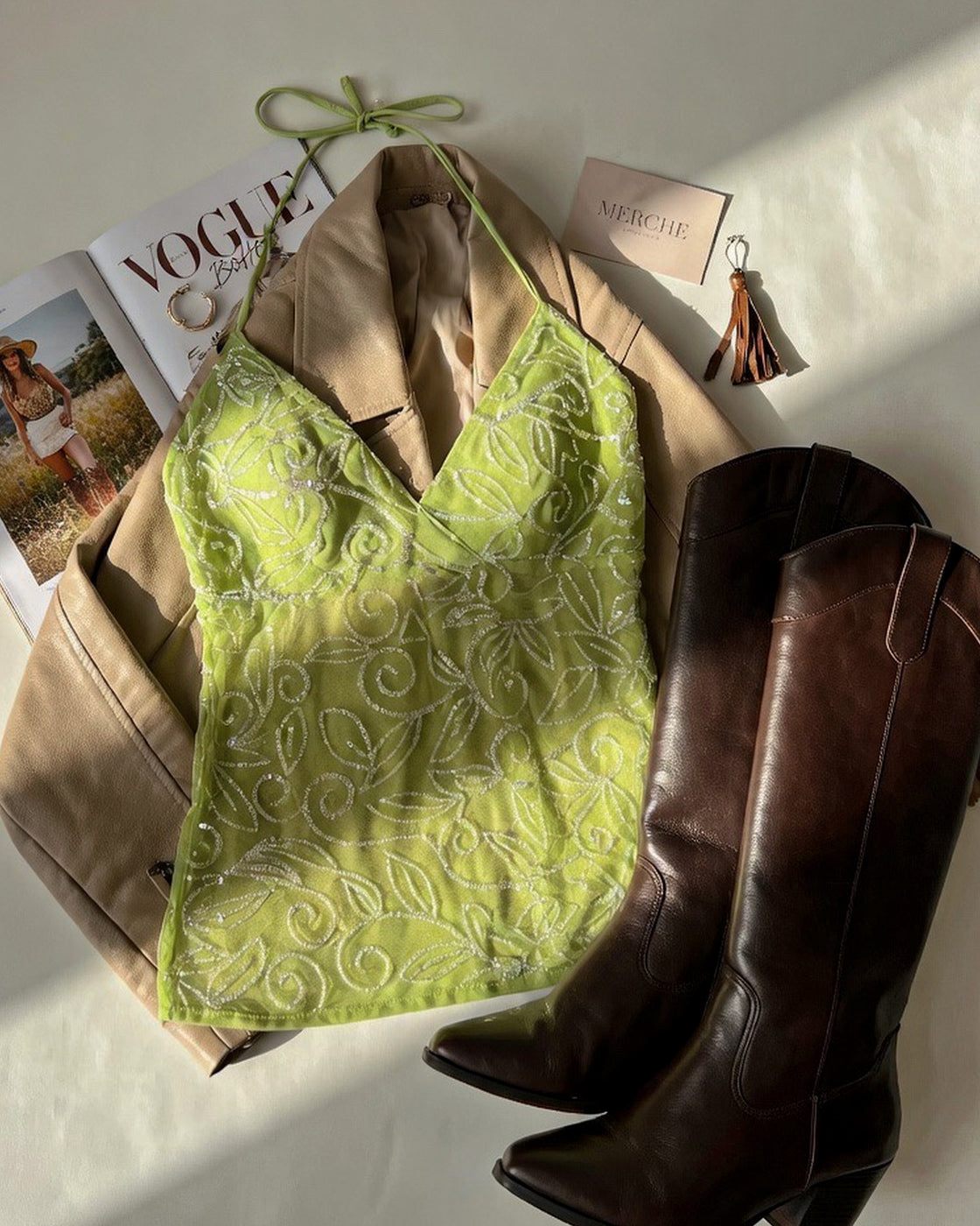 FLIP PHONE NEEDED SEQUIN EMBELLISHED GREEN HALTERNECK TOP