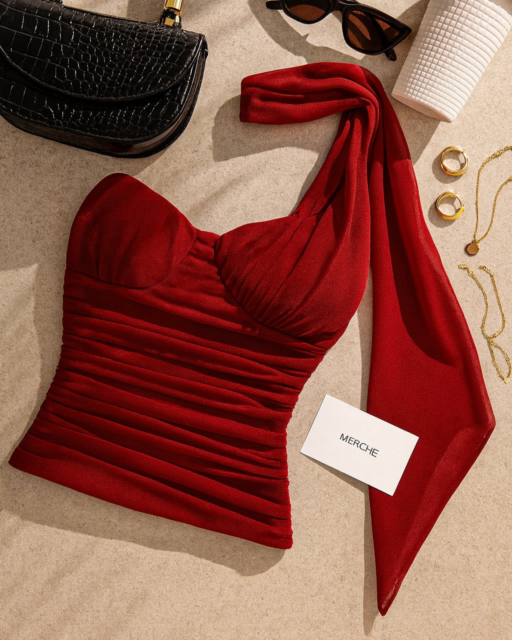 STARRY NIGHT LUXE MESH BONING ATTACHED SCARF RED BUSTIER TOP