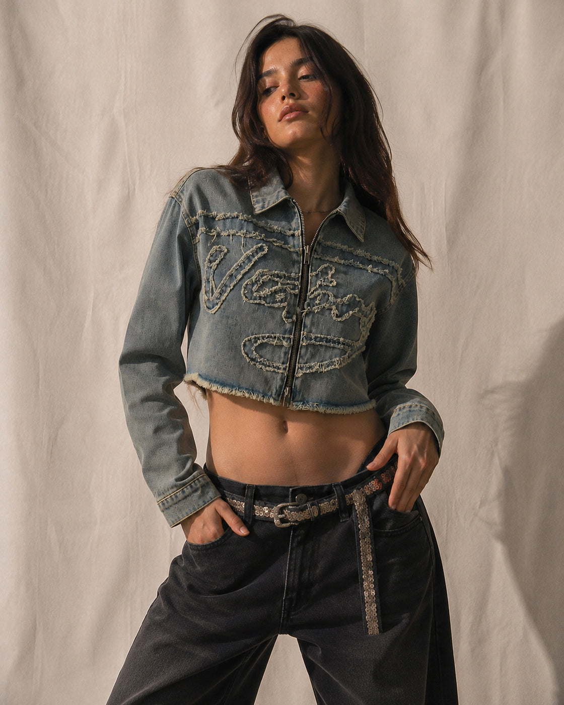 THERE’S VICTORY ALL OVER BABE, ZIP-UP DENIM JACKET