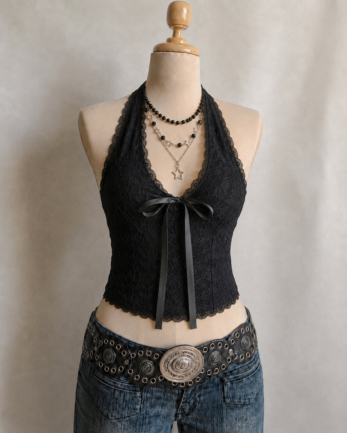 DINNER WITH ME PADDED LACEY HALTERNECK TOP