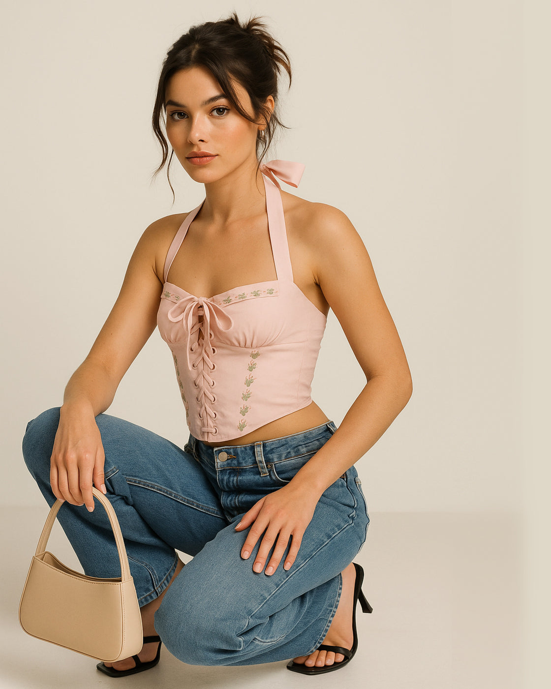 GIRL NEXT DOOR PINK EMBROIDERED HALTERNECK TOP
