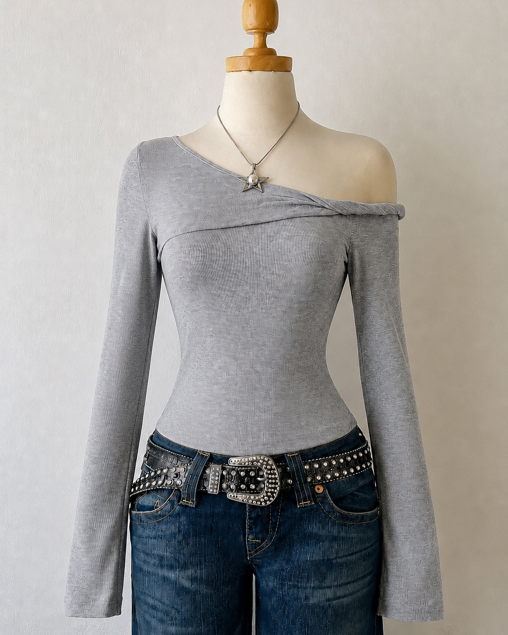 SASS FOR BREAKFAST RIBBED OFF-SHOULDER GREY TOP