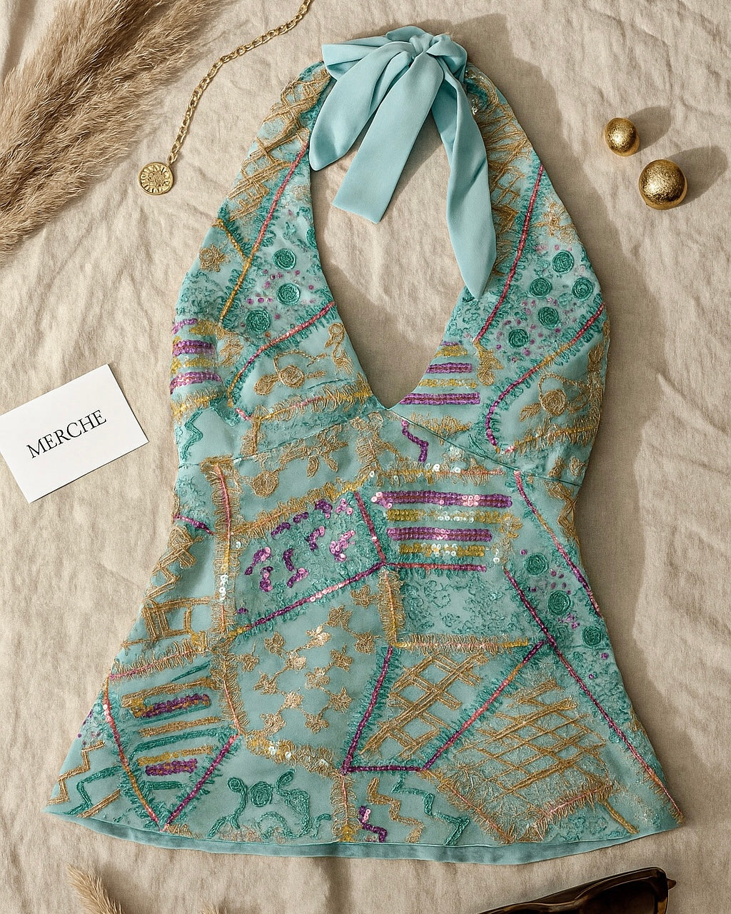 BOHO MARTINI EMBROIDERED BLUE HALTERNECK TOP