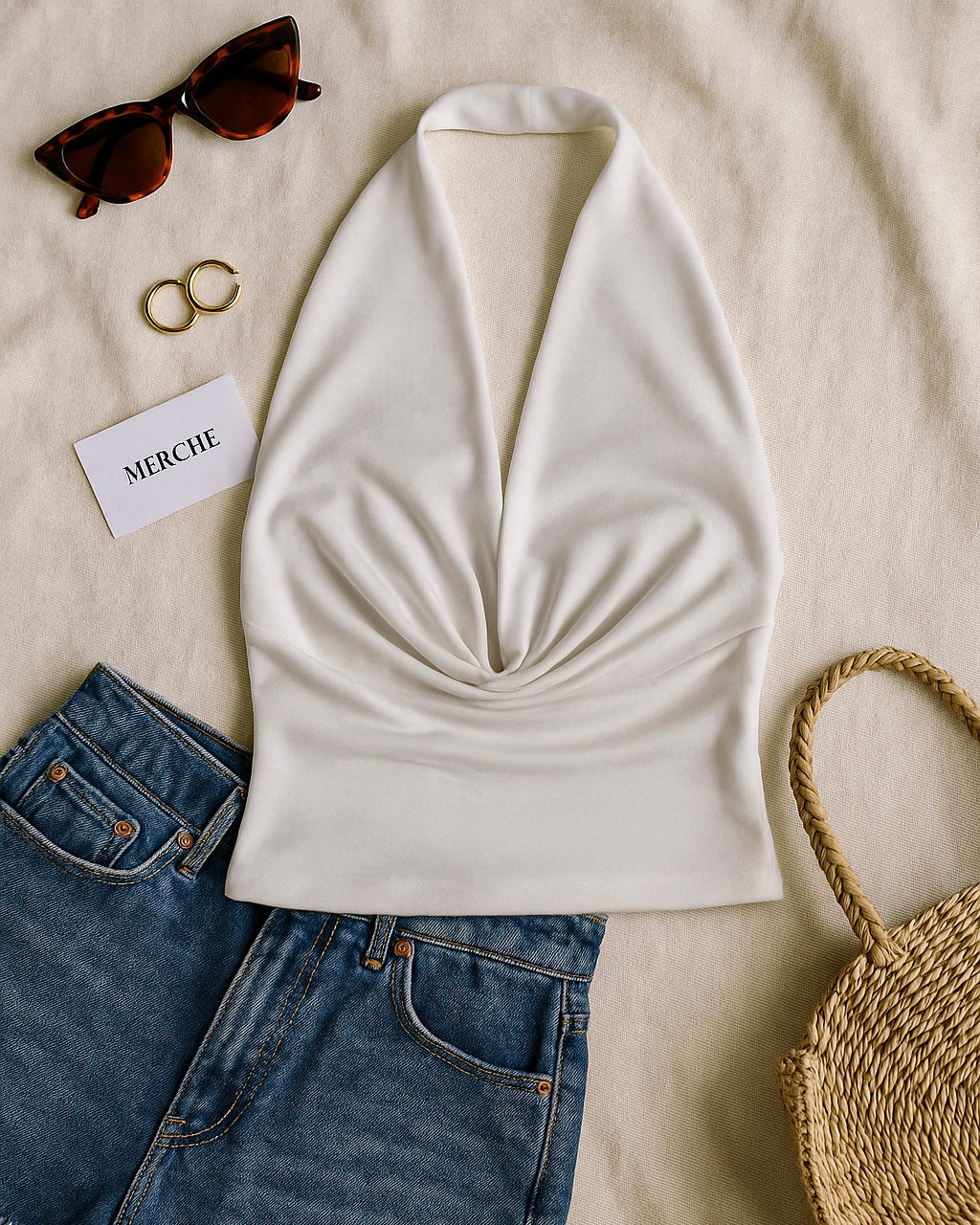SLAY BELLE WHITE COWL HALTERNECK TOP