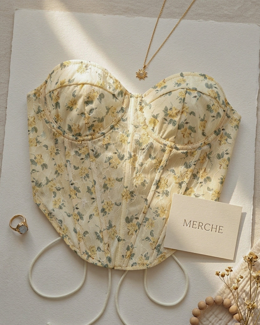 ROMAN HOLIDAY FLORAL BONING DETAIL BUTTER YELLOW CORSET