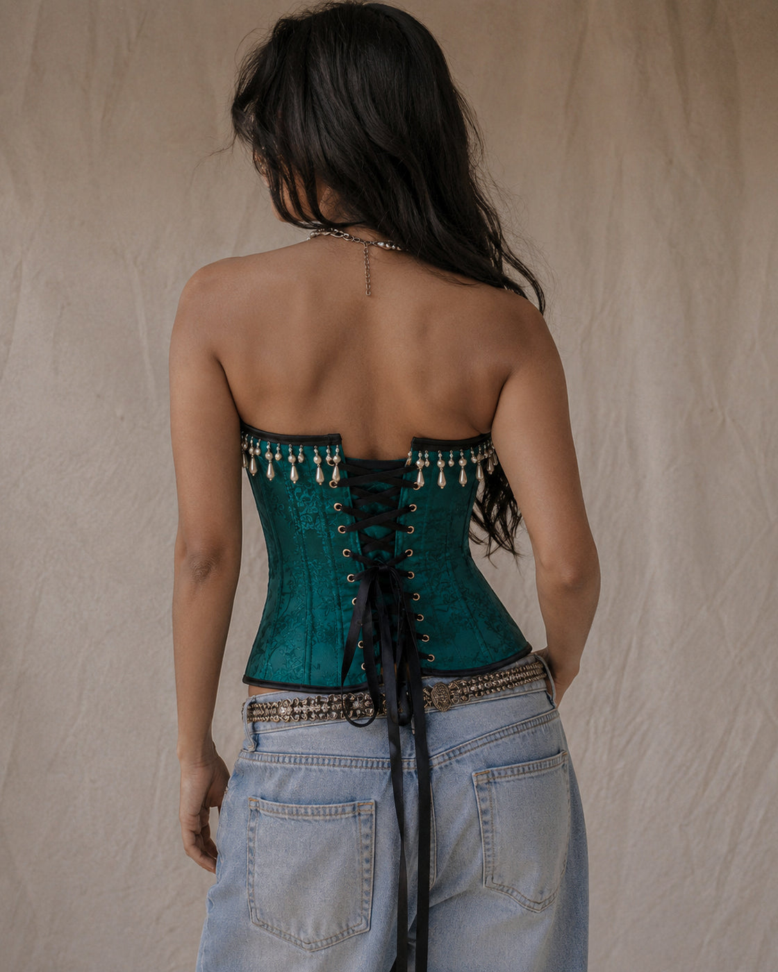 CALL HER ROYALTY PEARL DETAIL LUXE EMERALD CORSET