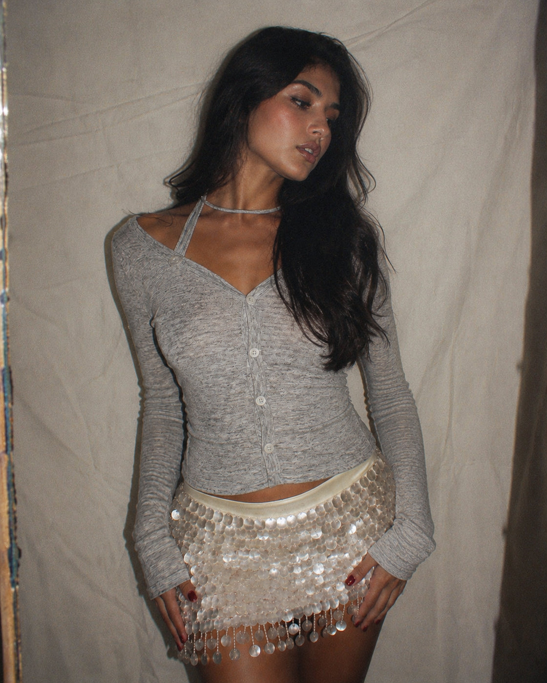 FAITHFULLY YOURS LAYERED GREY BUTTONED-UP TOP