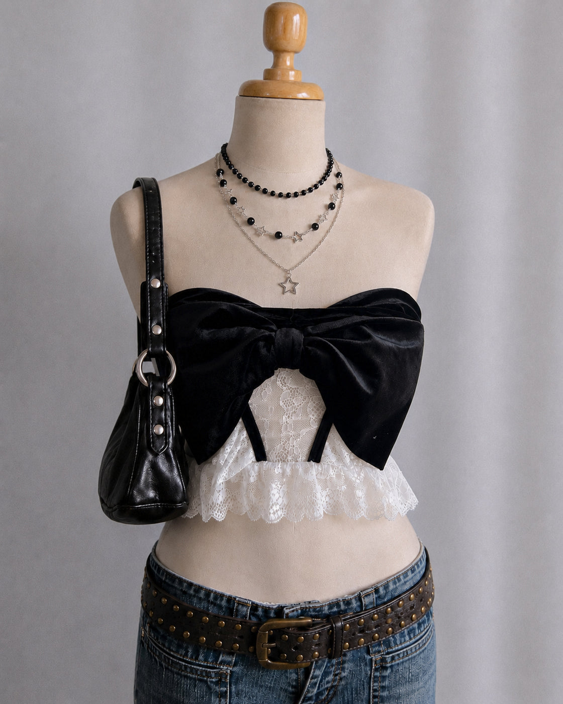 SUPERIORITY COMPLEX VELVET BOW DETAIL LACE BANDEAU TOP
