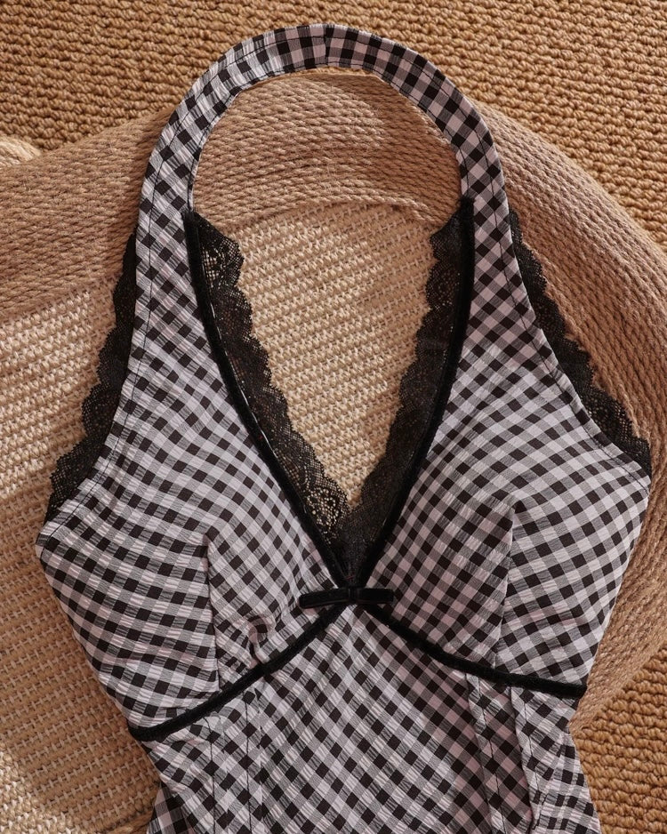 BEING NINETEEN BOW BACK CHECKS BLACK HALTERNECK TOP