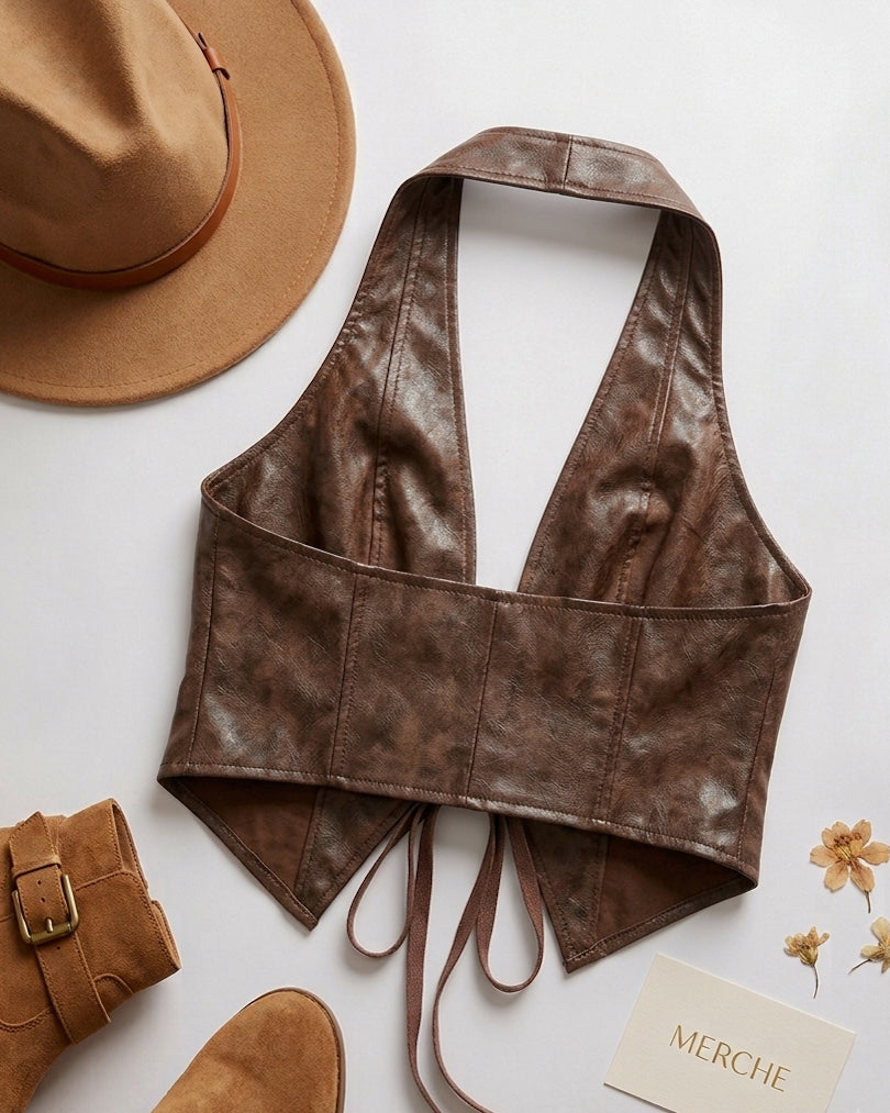 HIGH MAINTENANCE FAUX LEATHER BROWN HALTERNECK TOP