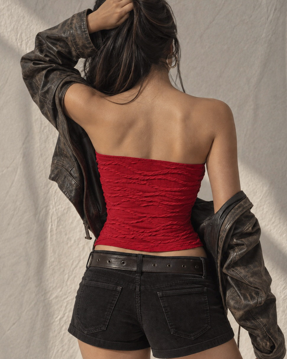 HELLO GOODBYE RED TEXTURED BANDEAU TOP
